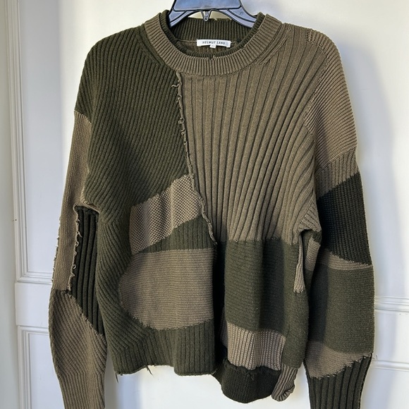 HELMUT LANG MILITARY GRUNGE CREW Long Sleeve Patchwork Sweater Green Large - Picture 6 of 15